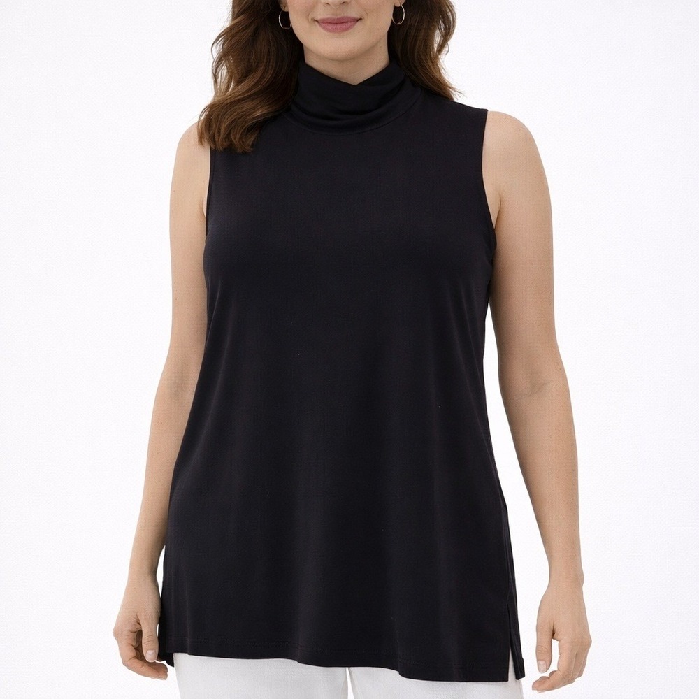 Chicos Black Sleeveless Mock Neck Tunic Top Size 1 Medium Side Slit Stretch Knit